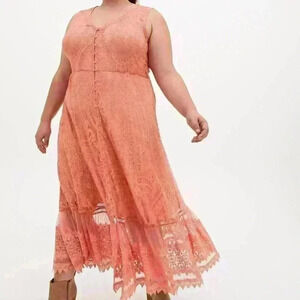 Torrid Coral Lace Crochet Button Front Layered Skater Dress 1 1X 14/16
